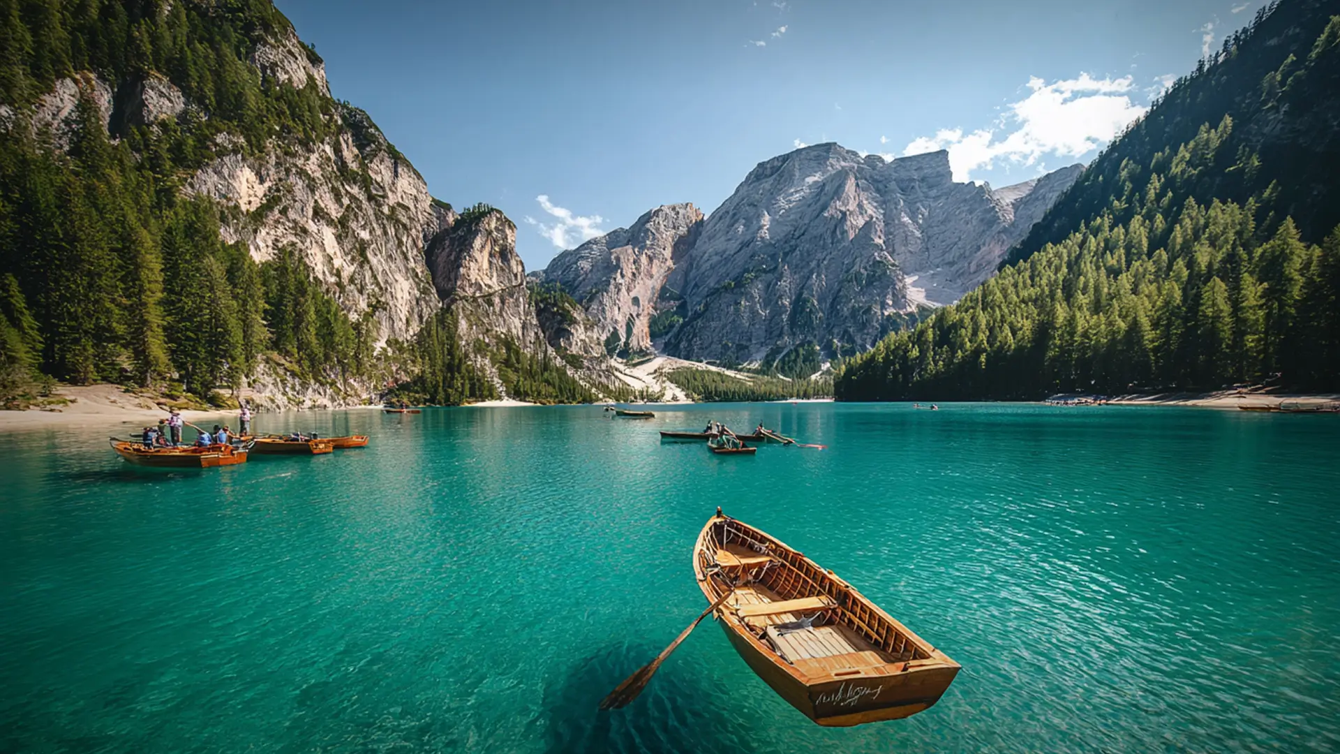 Photos of people riding boats in rivers with their backs to the mountains