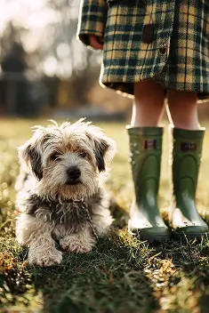 A dog and boots on the grass