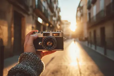 A picture of me holding a camera in the sunset