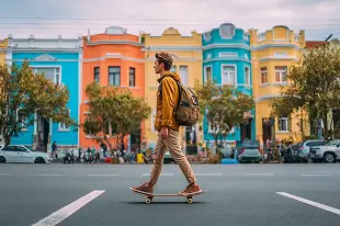 A man in a yellow jacket walking down the street