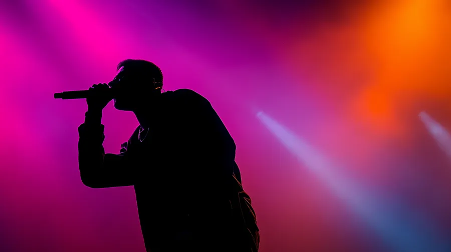 A singer mid performance on stage shown in